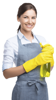 Smiling woman in apron and gloves holding cleaning spray, ready for work png