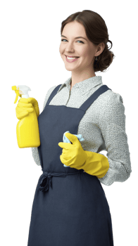 Smiling woman in cleaning uniform holds spray bottle and cloth, ready for work png