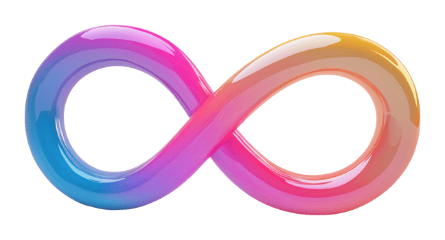 Modern abstract infinity symbol with vibrant gradient colors of pink, purple, blue, and orange, isolated on a transparent background png