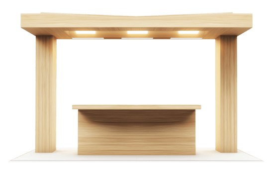 Modern wooden exhibition stand with spotlights isolated on transparent background png