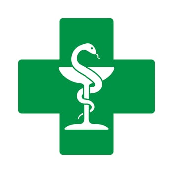 Medical logo design, pharmacy symbol with snake and chalice bowl. Healthcare doctor pharmacy. green cross illustration image. Isolated on white background. vector