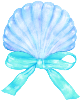 Coquette Seashell Watercolor, Pastel Blue Clam Shell with Mint Green Bow for Summer, Beach, and Coastal Design png