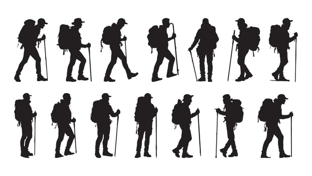 silhouettes illustrate a group of black silhouette mountain hiker vector