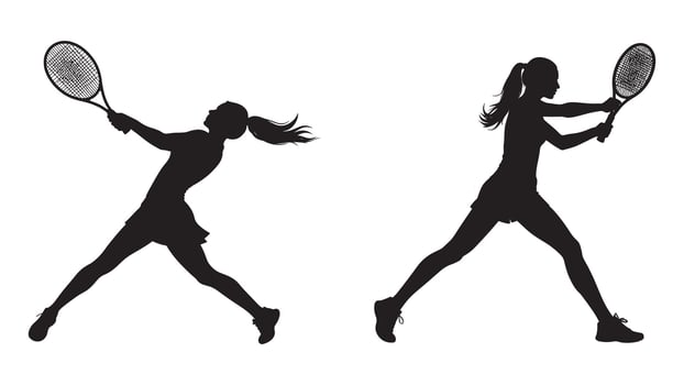illustration of female tennis player in action, depicted as a black silhouette against on white background. two tennis players silhouettes vector