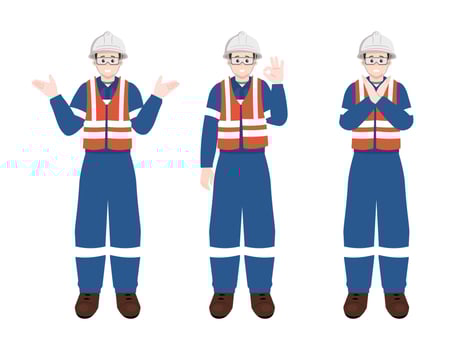 Set of industrial worker or engineer in safety vest and hard hat. Different hand gesture poses. vector