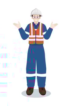 Industrial worker or engineer in safety vest and hard hat with open hands and shrugging. vector