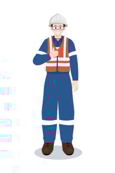 Industrial worker or engineer in safety vest and hard hat giving thumbs up. Approval and positive feedback. vector