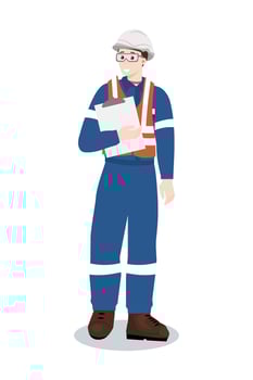 Industrial worker or engineer in safety vest and hard hat holding a clipboard. Inspection or report concept. vector