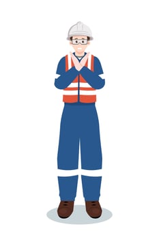 Industrial worker or engineer in safety vest and hard hat making stop or no gesture with crossed arms. vector