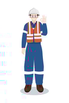 Industrial worker or engineer in safety vest and hard hat making okay gesture. Safety and approval concept. vector