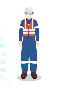 Standing industrial worker or engineer in safety vest and hard hat. Full body portrait. vector