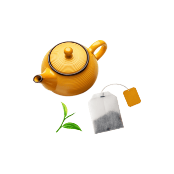 Yellow teapot with tea bag and tea leaf on transparent background png