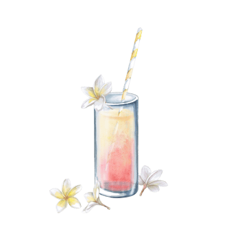 Glass of juice with straw and frangepani flowers. Isolated watercolor illustration for restaurant menu design, interior decoration, weddings, poster printing. png
