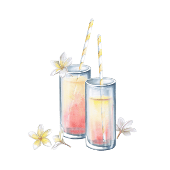 Two glasses of juice with straws and frangepani flowers. Isolated watercolor illustration for restaurant menu design, interior decoration, weddings, poster printing. png