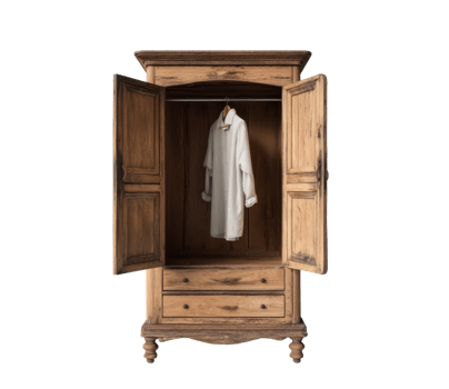 Rustic wooden wardrobe with open doors showcasing a white shirt png