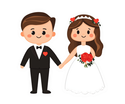 Charming couple in wedding attire holding hands with floral bouquet png