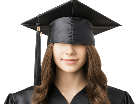 Graduation cap and gown worn by smiling female graduate png