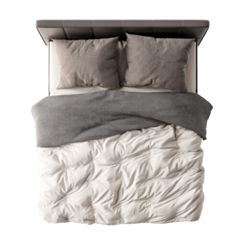 Top view of double bed with plaid blanket and pillows png