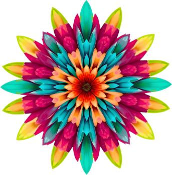 Radiant symmetrical flower with green leaves and vibrant petals. . png