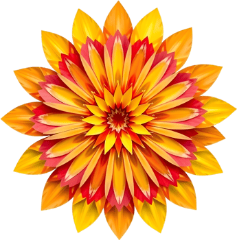 Symmetrical warm mandala flower clipart with curved bloom lines. . png