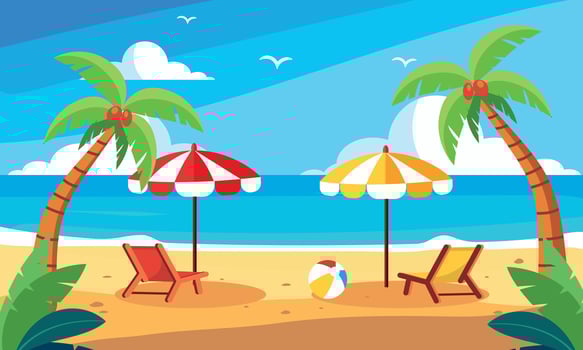 Cartoon beach scene with Palm trees, sun loungers and umbrellas, summer holiday or vacation concept vector