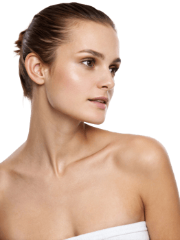 Profile of a young Caucasian woman with glowing skin, showcasing natural beauty against a neutral background. png