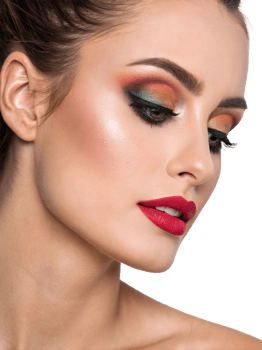 Profile of a beautiful young woman with vibrant multicolored makeup and bold red lips. png