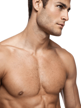 Close-up portrait of a young athletic Caucasian man with a defined jawline and muscular chest, showcasing confidence and strength. png