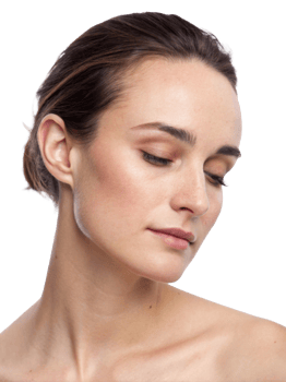 A close-up portrait of a young Caucasian woman with a serene expression and natural makeup, highlighting her delicate features. png
