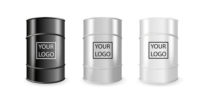 Realistic White, Steel and Black Metal Oil, Fuel, Gasoline Barrel Set Isolated. Design Template of Packaging for Mockup. vector