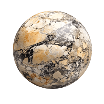 Polished marble sphere with beige, white, and black veining on a transparent background Concept of luxury, geology, and decorative stone png