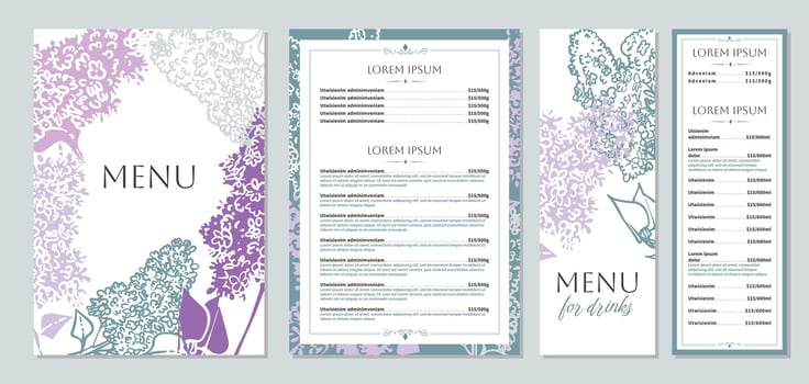Elegant food and drinks menu designs. Restaurant menu template. Beautiful A4 format with high quality flowers for print and online usage. Saturated hand drawn line art lilac illustrations. vector