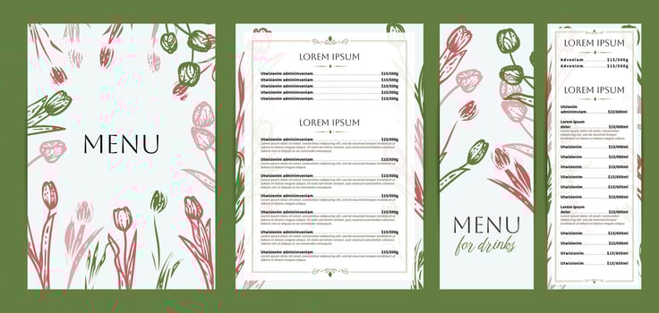 Playful food and drinks menu designs. Restaurant menu template. Beautiful A4 format with high quality flowers for print and online usage. Saturated hand drawn line art tulips illustrations. vector