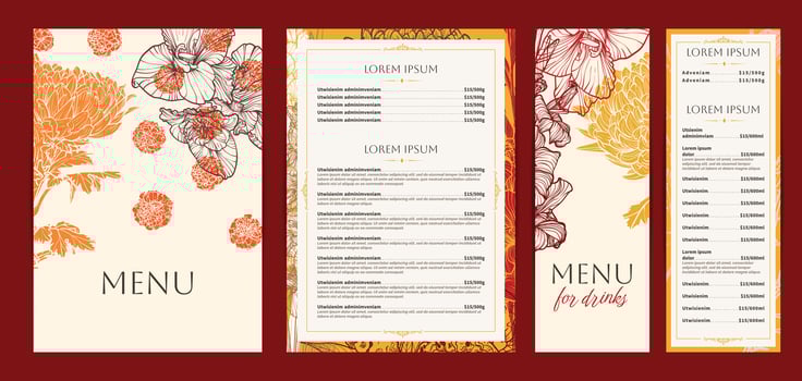 Elegant food and drinks menu designs. Restaurant menu template. Beautiful A4 format with high quality chrysanthemum, marigold, gladiolus. Hand drawn line art autumn flowers illustrations. vector