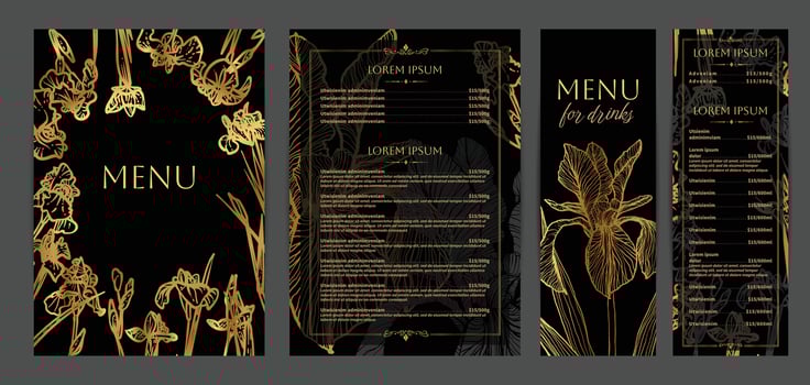 Luxurious food and drinks menu designs. Restaurant menu template. Elegant A4 format with high quality flowers for print and online usage. Golden hand drawn line art iris illustrations. vector