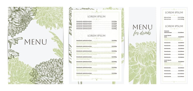 Elegant food and drinks menu designs. Restaurant menu template. Beautiful A4 format with high quality flowers for print and online usage. Pastel hand drawn line art chrysanthemum illustrations. vector