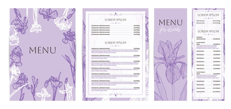 Elegant food and drinks menu designs. Restaurant menu template. Beautiful A4 format with high quality flowers for print and online usage. Saturated hand drawn line art iris illustrations. vector