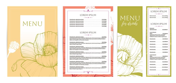 Elegant food and drinks menu designs. Restaurant menu template. Beautiful A4 format with high quality flowers for print and online usage. Saturated hand drawn line art poppies illustrations. vector