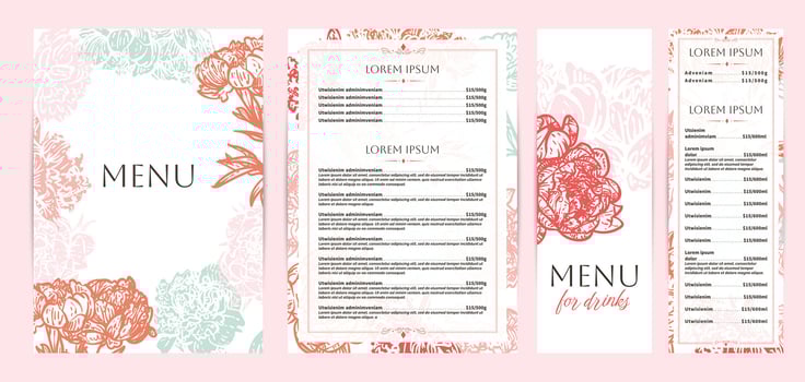 Colorful food and drinks menu designs. Restaurant menu template. Beautiful A4 format with high quality flowers for print and online usage. Saturated hand drawn line art peony illustrations. vector
