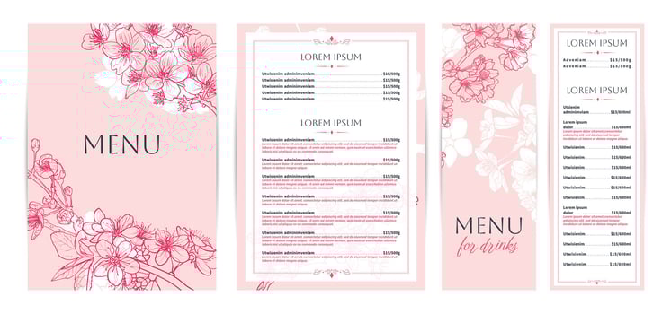 Elegant pink food and drinks menu designs. Restaurant menu template. Beautiful A4 format with high quality flowers for print and online usage. Hand drawn line art cherry blossoms illustrations. vector