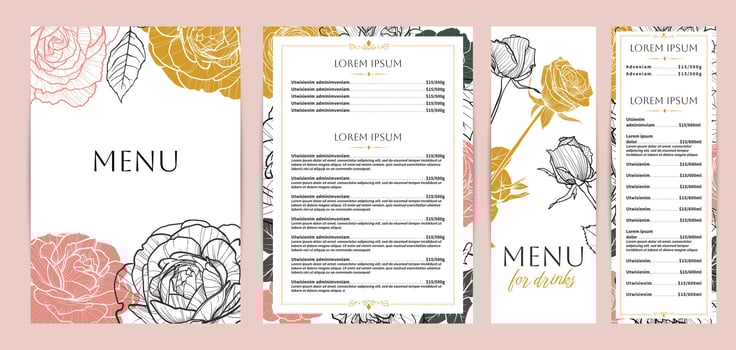Elegant food and drinks menu designs. Restaurant menu template. Beautiful A4 format with high quality flowers. Saturated hand drawn line art yellow and pink roses illustrations. vector