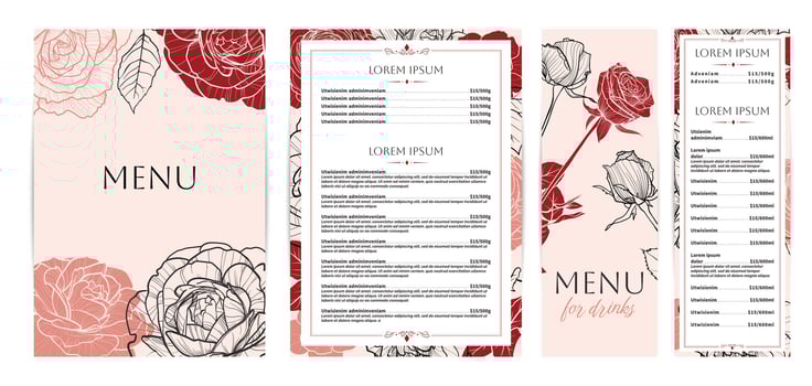 Elegant food and drinks menu designs. Restaurant menu template. Beautiful A4 format with high quality flowers for print and online usage. Saturated hand drawn line art red roses illustrations. vector