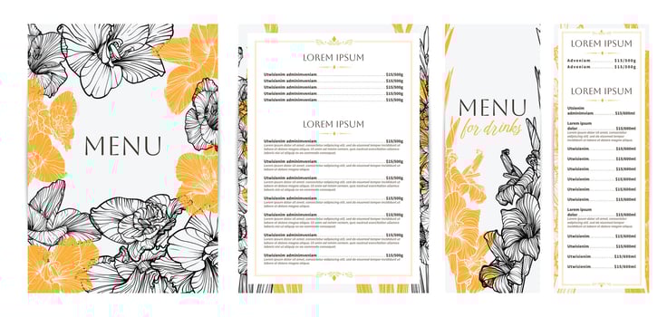 Elegant food and drinks menu designs. Restaurant menu template. Beautiful A4 format with high quality flowers for print and online usage. Saturated hand drawn line art gladiolus illustrations. vector