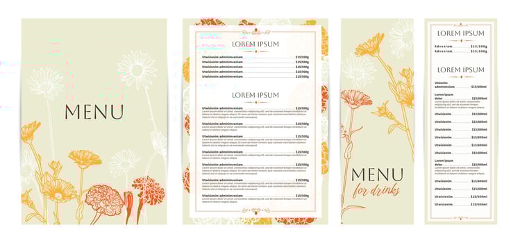 Elegant food and drinks menu designs. Restaurant menu template. Beautiful A4 format with high quality flowers for print and online usage. Saturated hand drawn line art marigold illustrations. vector