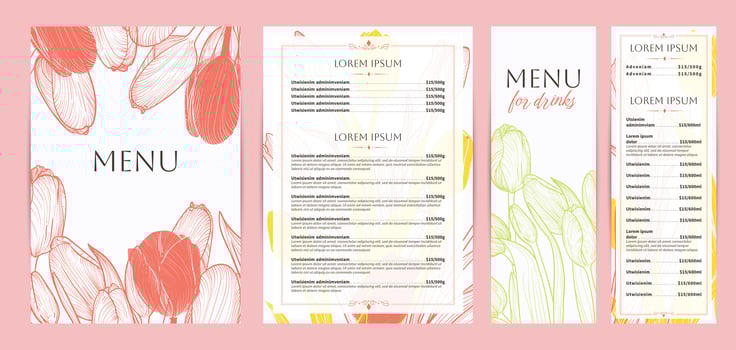 Elegant pink food and drinks menu designs. Restaurant menu template. Beautiful A4 format with high quality flowers for print and online usage. Hand drawn line art tulips illustrations. vector