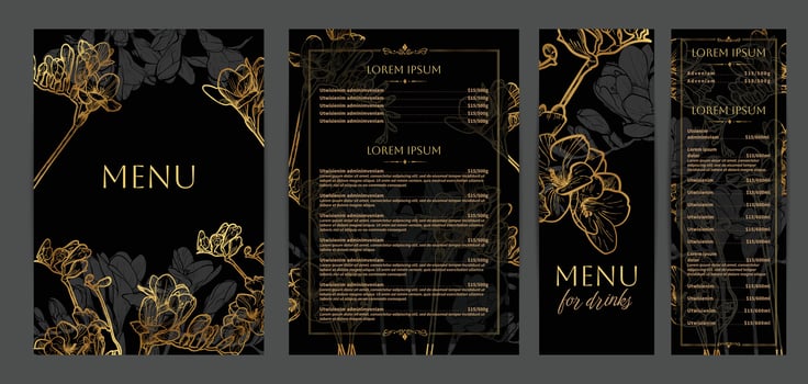 Luxurious food and drinks menu designs. Restaurant menu template. Elegant A4 format with high quality flowers for print and online usage. Golden hand drawn line art freesia illustrations. vector
