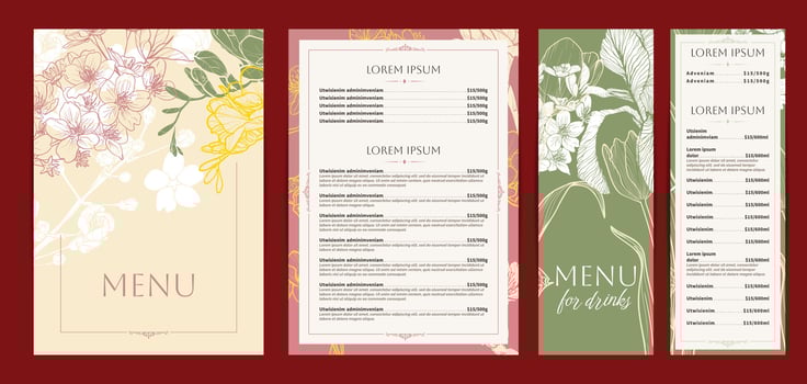 Elegant food and drinks menu designs. Restaurant menu template. Beautiful A4 format with high quality tulip, cherry blossom, freesia. Pastel hand drawn line art spring illustrations. vector