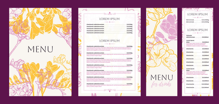 Elegant food and drinks menu designs. Restaurant menu template. Beautiful A4 format with high quality flowers for print and online usage. Saturated hand drawn line art freesias illustrations. vector