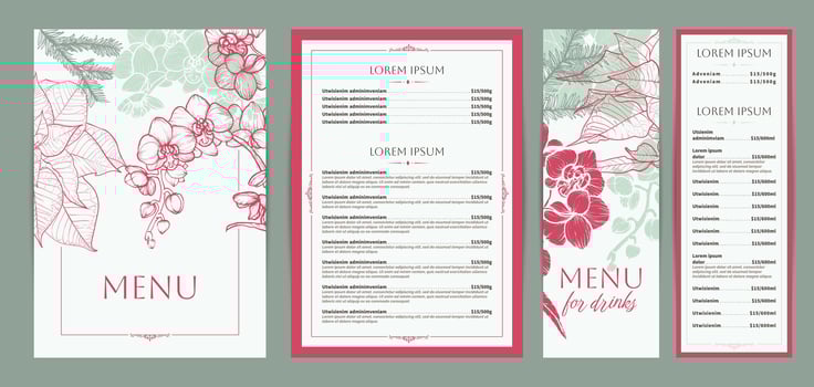 Elegant food and drinks menu designs. Restaurant menu template. Beautiful A4 format with high quality orchids, pine, poinsettia. Saturated hand drawn line art winter flowers illustrations. vector