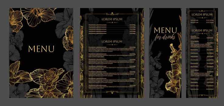 Luxurious food and drinks menu designs. Restaurant menu template. Elegant A4 format with high quality flowers for print and online usage. Golden hand drawn line art gladiolus illustrations. vector